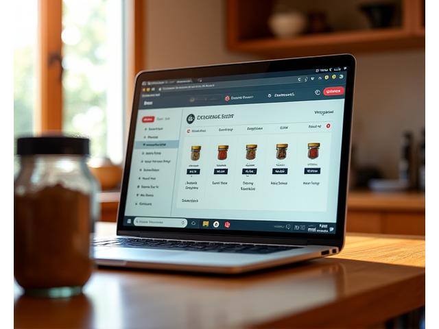A computer screen displaying a digital library of custom spice blend recipes, with options for reordering, sharing, and modification, set in a warm, inviting kitchen environment.
