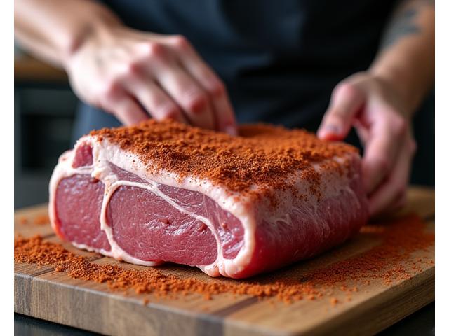 Chef demonstrating proper application of a spice rub onto a cut of meat before grilling