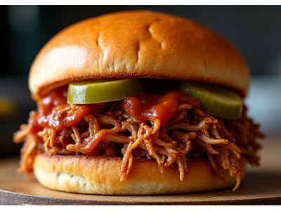 Photo of perfectly shredded smoked pulled pork in a bun